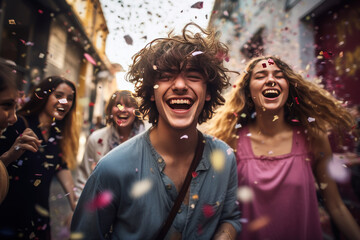 Friends enjoying party and throwing confetti. 