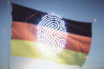 Double exposure of virtual creative fingerprint hologram on German flag and blue sky background,...