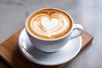 Coffee with latte art heart shape in white cup on wooden table. Love and Romantic coffee, Aroma, enjoy beverage, Relax on vacation with hot drinks.