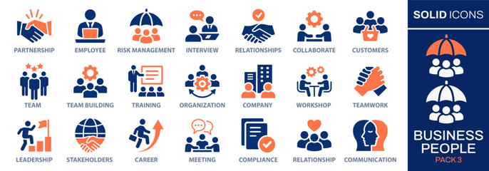 Business people icon set. Collection of team, leadership, workshop, employee, career and more. Vector illustration. Easily changes to any color. - 695720489