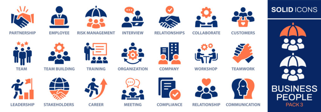 Business people icon set. Collection of team, leadership, workshop, employee, career and more. Vector illustration. Easily changes to any color.