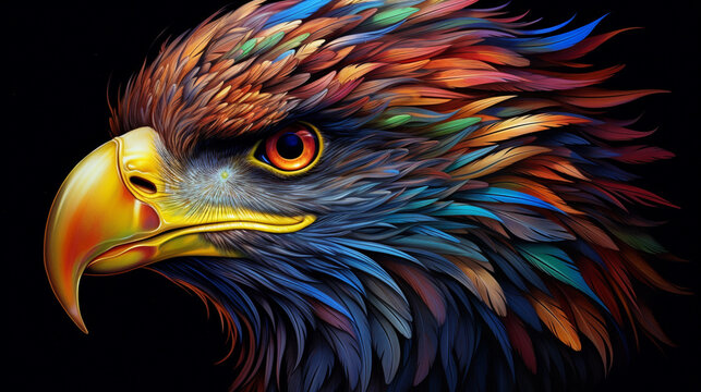 image of the head of an eagle, smoke effect, intricate details of the feathers, very detailed, 3D sparkling effect. detailed illustration with colorful feathers, Generate AI.