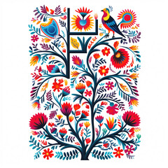 Polish Folk Art Illustration with Ladder, Vibrant Colors and Intricate Patterns