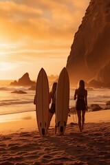 Young group of friends walking along the sandy beach near the ocean at sunset with surfboards, outdoor activities and sports holidays - obrazy, fototapety, plakaty