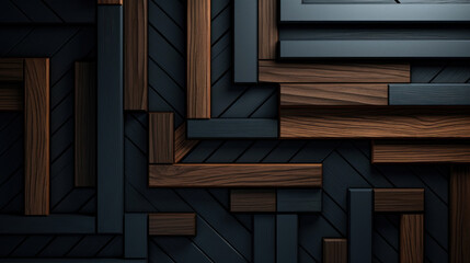 Abstract geometric composition made of black and dark wood