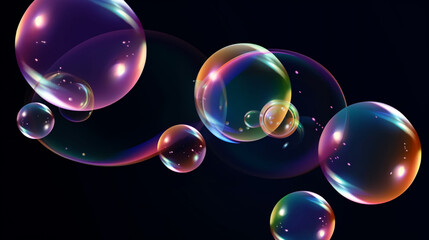 Soap bubbles levitate on a black background, AI Generative.