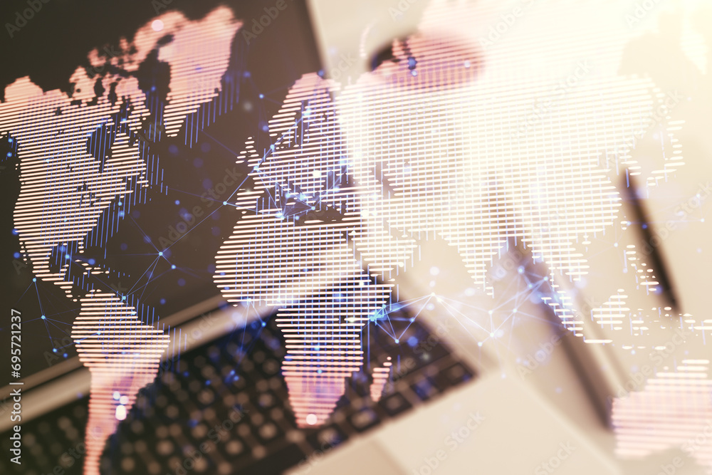 Poster multi exposure of abstract graphic world map on computer background, connection and communication co