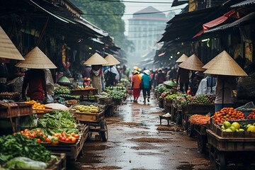 Outdoor market in Vietnam on a rainy day