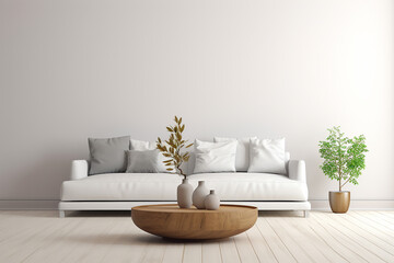Round coffee table near white sofa against blank wall with copy space. Minimalist cozy home interior design of modern living room