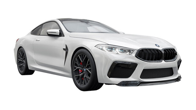 Germany, Berlin. December 10, 2023. BMW M8 2021. Large white ultra sports coupe GT executive class on a white background. 3d rendering.