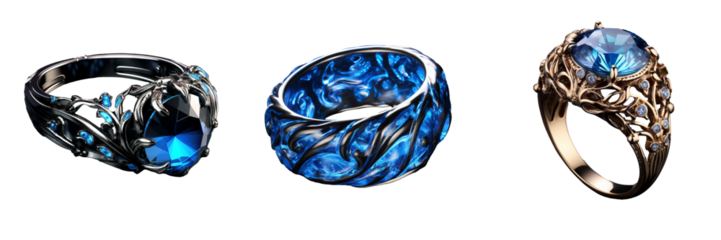 Mystical Blue Ring Set with Delicate Decorations on Transparent Background