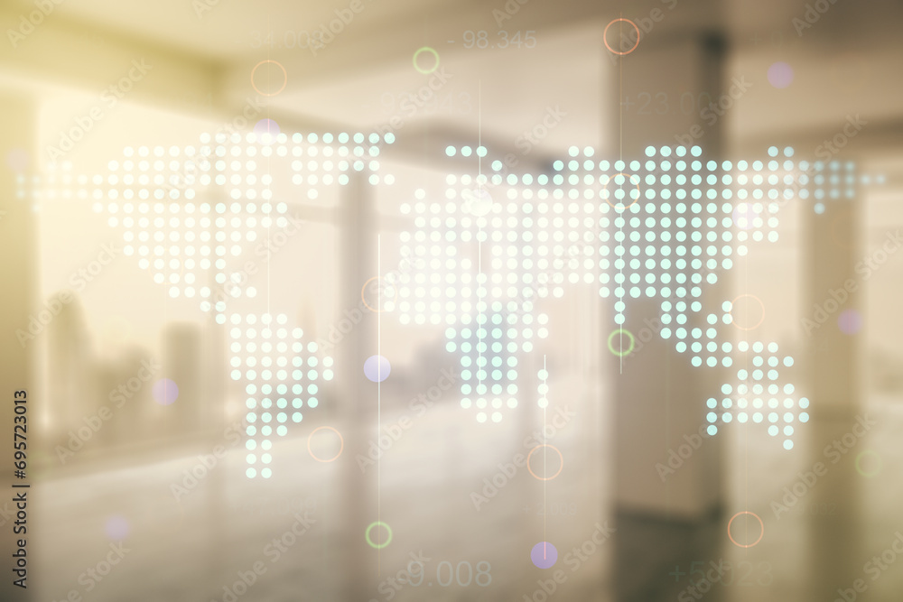 Poster multi exposure of abstract graphic world map hologram on abstract empty interior background, connect