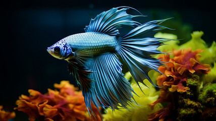 Betta fish gracefully swimming in a well-decorated aquarium, AI Generative.