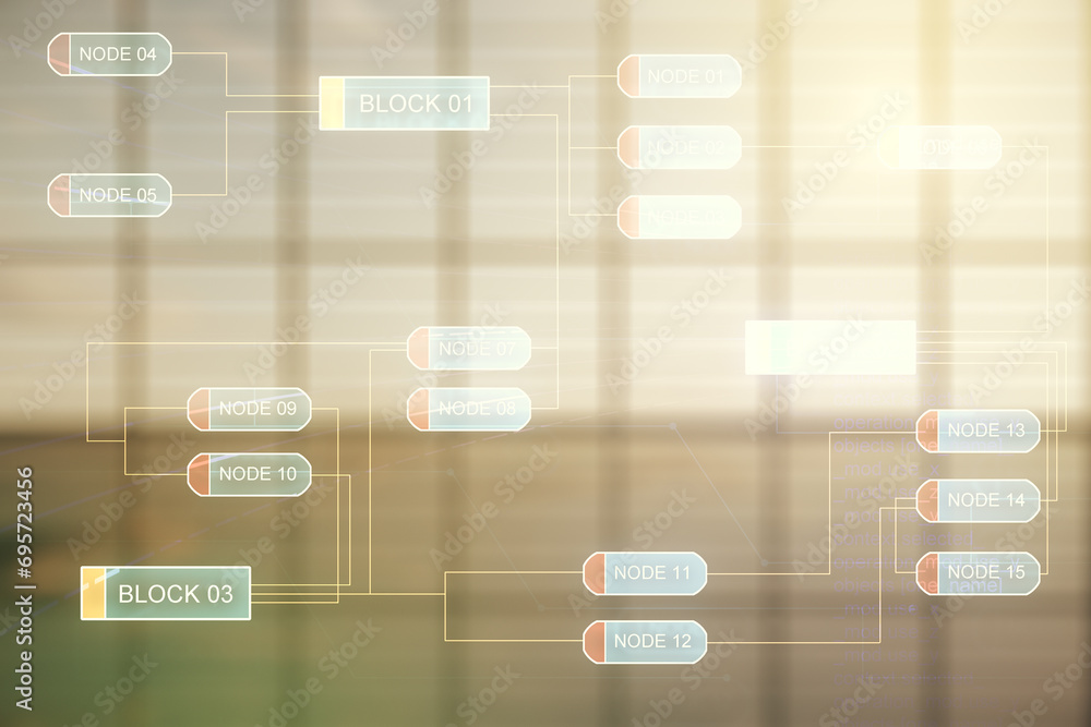Poster multi exposure of abstract programming language hologram on abstract empty interior background, arti