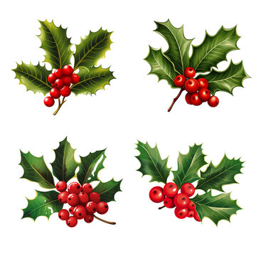 Christmas holly leaves and berries isolated on a transparent background