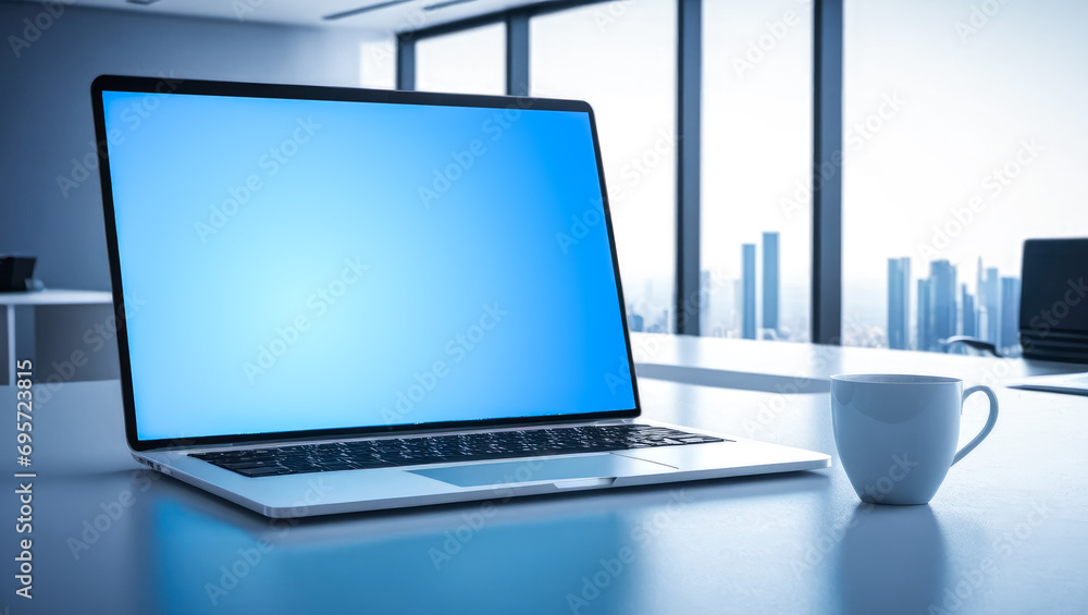 Poster workspace with blank blue computer screen. desktop computer monitor with mockup white screen display