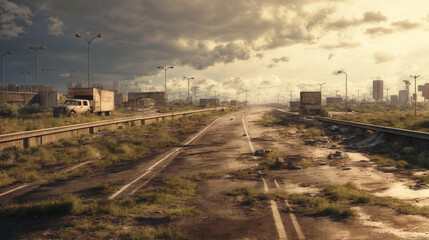 Fototapeta premium Desolate highway with overgrown ruins under a stormy sky.
