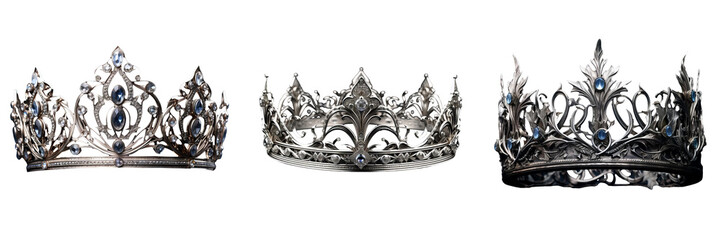 Majestic Silver Crown: Enchanting Fantasy Ornaments on Transparent Background