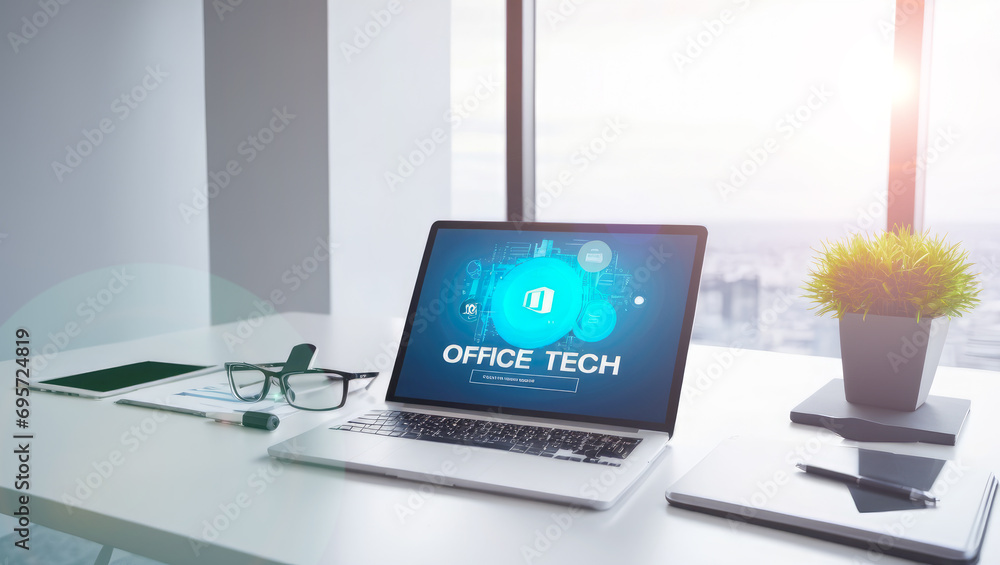 Poster creative workplace with mockup laptop screen on window with city view. workspace blank screen comput