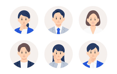 ネガティブなビジネスパーソン男女の顔アイコンセット【人物ベクターイラスト素材】