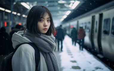 Obraz premium A young Japanese woman wearing a winter coat waits at a train station in winter. 