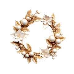 cream gold christmas wreath isolated on white with flowers