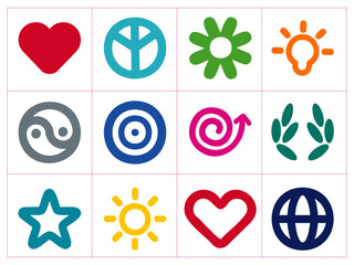 Mix Icon for Designing Heart web sunshine leaf arrow Editable vector illustrator sheet.