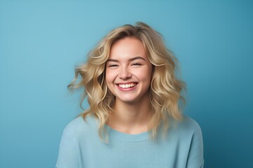 Exuberant Young Woman with a Lively Smile on Sky Blue Background. Generative AI.
