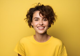 Cheerful Woman with Short Hair on Yellow Background. Generative AI.