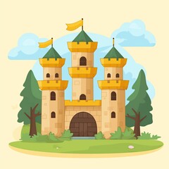 Valley. Flat illustration of a fairytale castle. Magic world. Simple illustration of a castle and a rook tower. Yellow flags. Kingdom. Princess. Mobile game level. Adventure