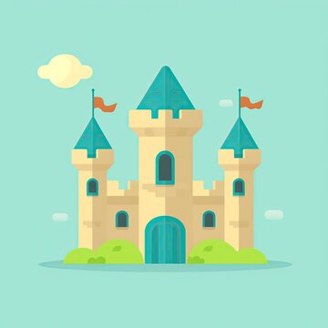 Rampart. Cartoon castle and rook towers. Adventures. Flat illustration of a fortress in the kingdom. A fairytale castle. Mobile game level. Realm. Game art. Princess castle. Cartoonish. Game map