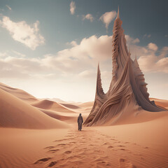 Surreal desert landscape with sand dunes resembling giant sculptures