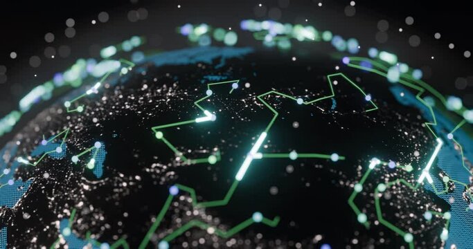 Animation of glowing blue mesh of connections spinning over globe on black background