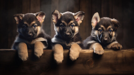 Three German Shepherd puppies looking at the viewer. 