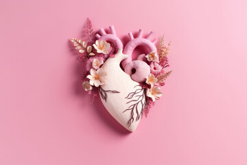 Anatomical paper heart with paper flowers - obrazy, fototapety, plakaty
