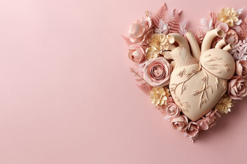 Anatomical paper heart with paper flowers - obrazy, fototapety, plakaty