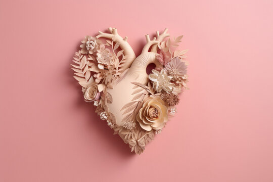 Anatomical paper heart with paper flowers
