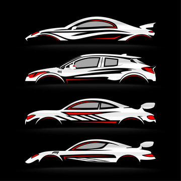 Set Of Modern White Car Silhouettes. Vector Illustration On A Black Background.