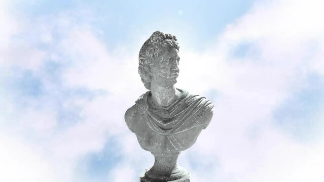 Animation of gray sculpture of man over blue sky and clouds