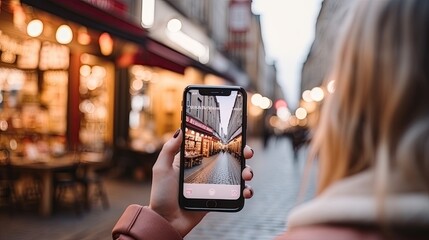 Travel blogger is taking photos with a smartphone - obrazy, fototapety, plakaty