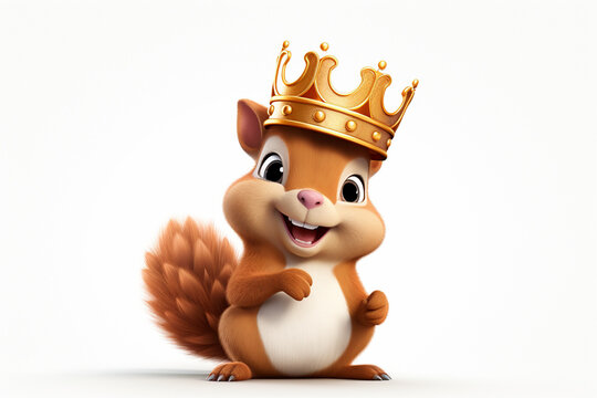 3D cartoon character of a squirrel wearing a cute crown