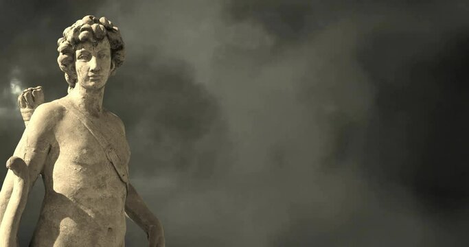 Animation of gray sculpture of man over dark sky and clouds, copy space