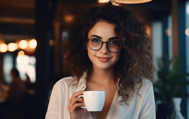young woman holding tea or coffee cup in hand