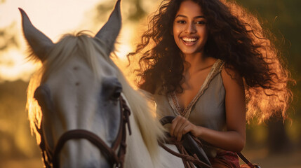Obraz premium Young indian woman standing with horse