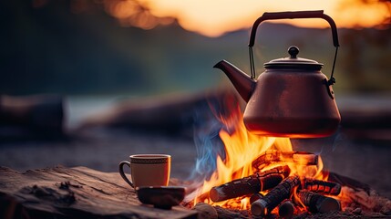Vintage Coffee Pot on camping fire - obrazy, fototapety, plakaty