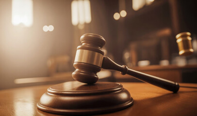 legal services, judge's gavel. wooden legal gavel on an office desk, judge's gavel for final verdict, wooden gavel for judgment, with judge in background