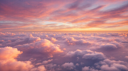 Sunset, flying above the clouds, peach clouds, pastel colors. Generative AI.