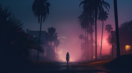 Fototapeta premium walking in the city palm trees fog and bright lights