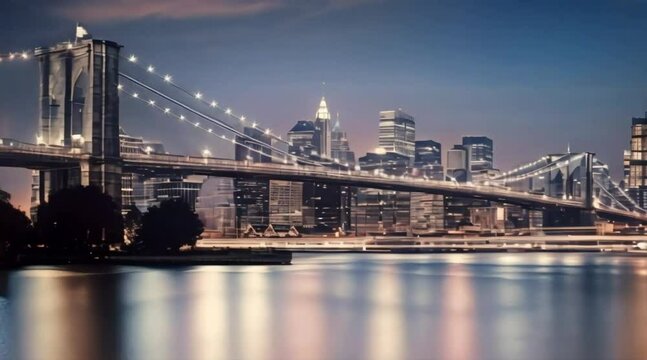 View from modern penthouse on the Bridge is a bridge over the East River in evening city. Animated Cinematic Scenic Video
