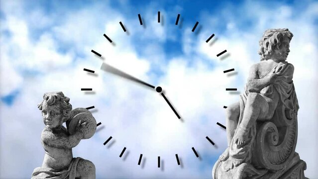 Animation of gray sculpture of cupids over clouds and clock